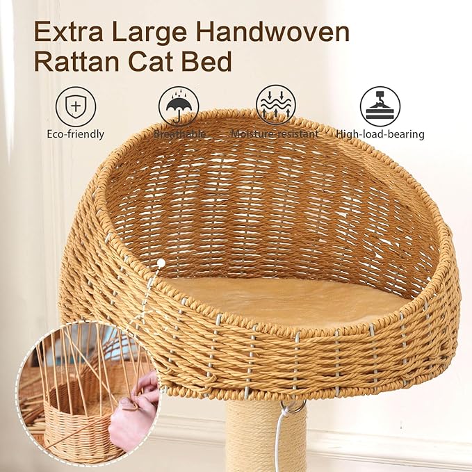 Solid Wood Cat Tree for Large Cat, 50-Inch Tall Cat Tower for Indoor Cats with Scratching Post, Multi-Level Cat Condo with Handwoven Basket, Sturdy Cat Houses Easy to Clean