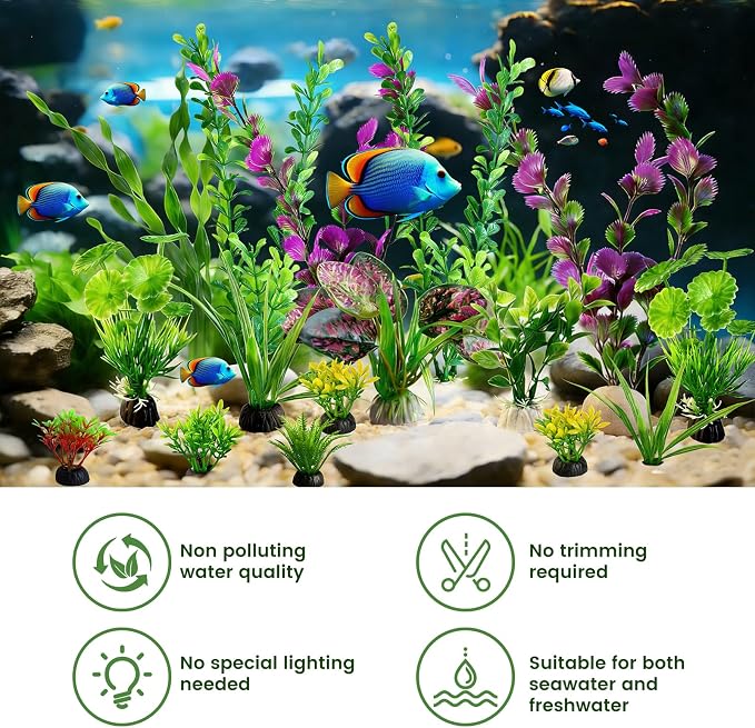 Artificial Aquarium Plants Realistic Green Plastic Fish Tank Decorations | 22Pcs Natural-Looking Aquatic Plants Decor for Betta, Goldfish and Freshwater Aquariums