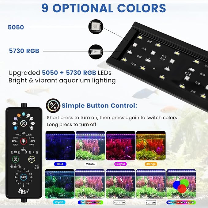 AQQA Full Spectrum Aquarium Plant Light LED Fish Tank Light IP68 Waterproof with 24/7 Natural Mode & DIY RGBW Mode, 9 Colors & 10-Level Brightness Adjustable, 6 Timer Settings for 40"-48" Tank (36W)