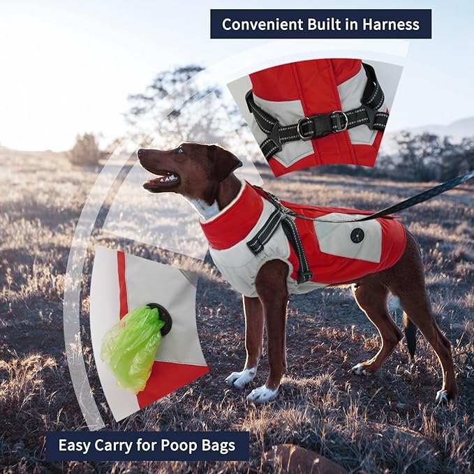 IECOii Warm Small Dog Coat Harness with D Ring -Red,Small- Zip Small Dog Jacket Winter Reflective, Fleece Lined Dogs Snowsuit Snow Jacket,Pet Clothes for Small Dogs Yorkshire Terrier Bichon Shih