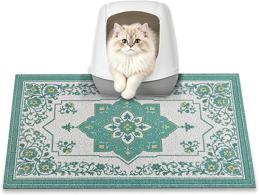 Cat Litter Mat, 24" x 16" Litter Box mat, Traps 100% Litter, Non-Slip Kitty Litter Trapping mats, Small Cute Litter mat, Easy Clean for Scatter Control, Bohe cat Food mat, Urine Waterproof