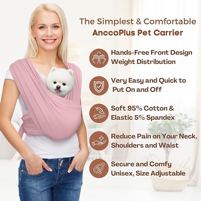 AnccoPlus Dog Carriers for Small Dogs, Front Facing Dog Sling Carrier, Hands Free Cat Carrier, Size Adjustable, Reducing Back Pain, Premium Cotton, Safe and Soft Dog Carrier (Regular, Light Pink)