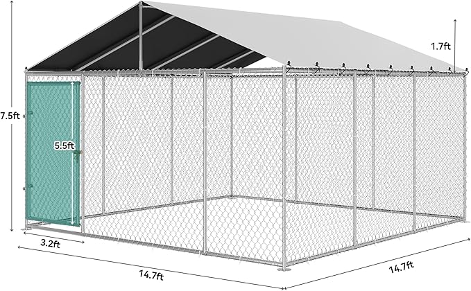YITAHOME 14.8'x14.8' Large Outdoor Dog Enclosure with Metal Dog Gate, Dog Kennel Outside with Roof, Dog Fence Outdoor for Yard