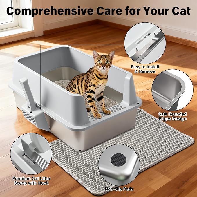 2Pack Stainless Steel Litter Box, XL Extra Large Cat Litter Boxes for Big Cats, Metal Litter Box with Lid High Sides, Leak-Proof, Never Absorbs Odors, Easy Cleaning, Non-Stick, Scoop Included