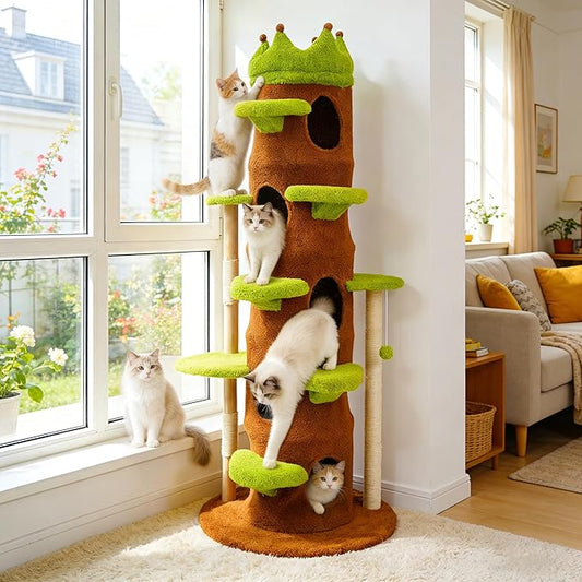 Modern Cat Tree Tower: 73.6” Tall Cat Tree for Indoor Cats Large Adult with Sisal Scratching Post - Extra Large Heavy Duty Wooden Green Cat Tree with Plush Condo