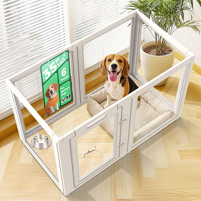 FXW AuraSpace Acrylic Indoor Dog Playpen for Medium Dogs, 35 Inch 6 Panels, White