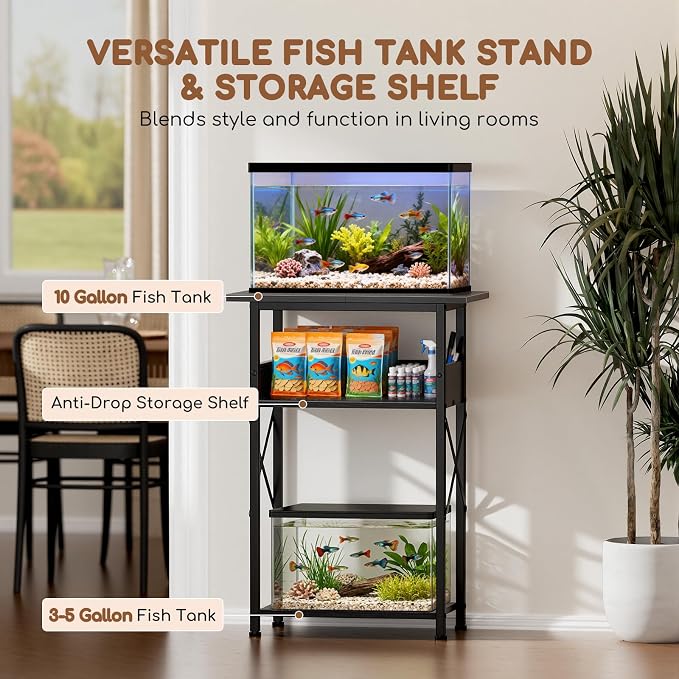5-10 Gallon Fish Tank Stand with Storage Shelves, 3-Tier Aquarium Stand with Rust-Proof Metal Frame, Heavy Duty Waterproof Reptile Turtle Tank Stand for Home Office Up to 150LBS, 21.5" L x 11.5" W x 30" H, Black