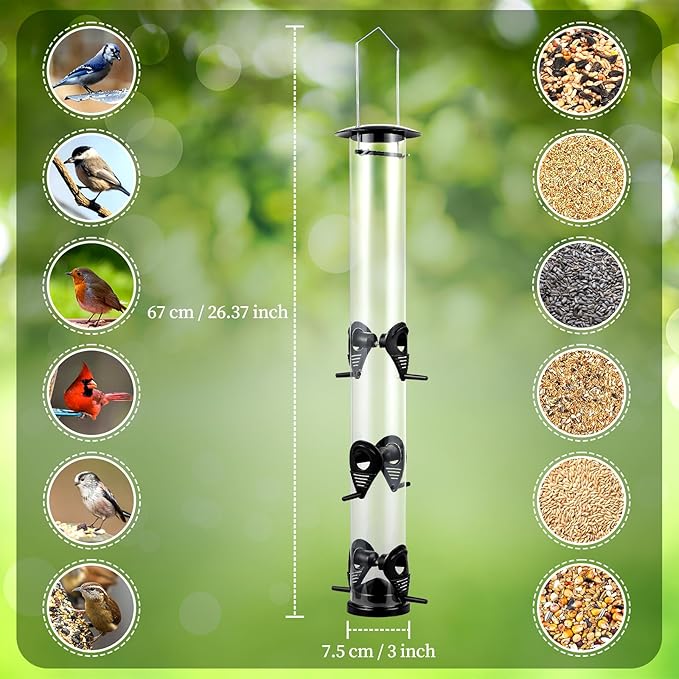 Backyard Expressions Tall Tube Bird Feeder - Durable Hanging Wild Bird Feeder for Wild Birds - 23" Tall, 6-Port Design