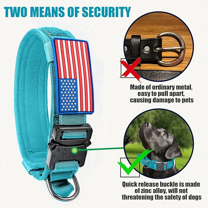 Celifelight Tactical Dog Collar Military Dog Collar Adjustable Nylon Dog Collar Heavy Duty Metal Buckle with Handle for Dog Training,with Patches(Light Blue 1, M), Medium
