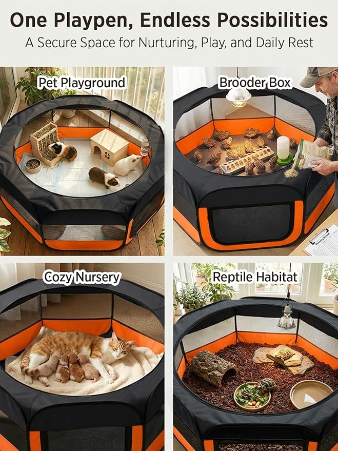 UWE Extra Large Small Animal Playpen, XL Portable Pet Playpen for Rabbit, Kitten, Guinea Pig, Hamster, Puppy – Waterproof Foldable Mesh Tent with Zipper Cover, Indoor Outdoor Use, Orange