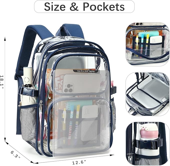 abshoo Large Heavy Duty Boys Clear Backpack for School Bookbag Transparent Multi Pocket Backpacks for Men (Navy)