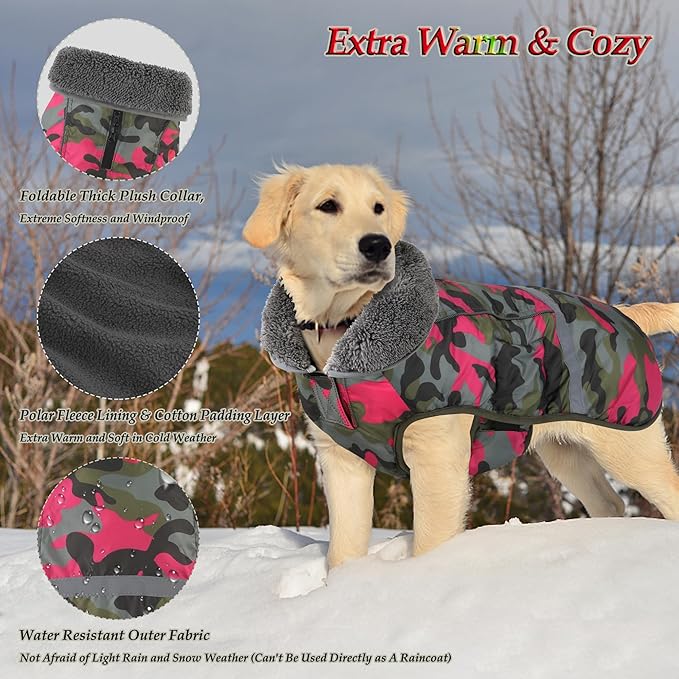 Dogcheer Warm Dog Coat, Waterproof Dog Jacket Reflective Adjustable Puppy Winter Coat with Buckle, Christmas Pet Snow Jacket Turtleneck Fleece Sweater for Small Medium Large Dogs - Camo Pink, S