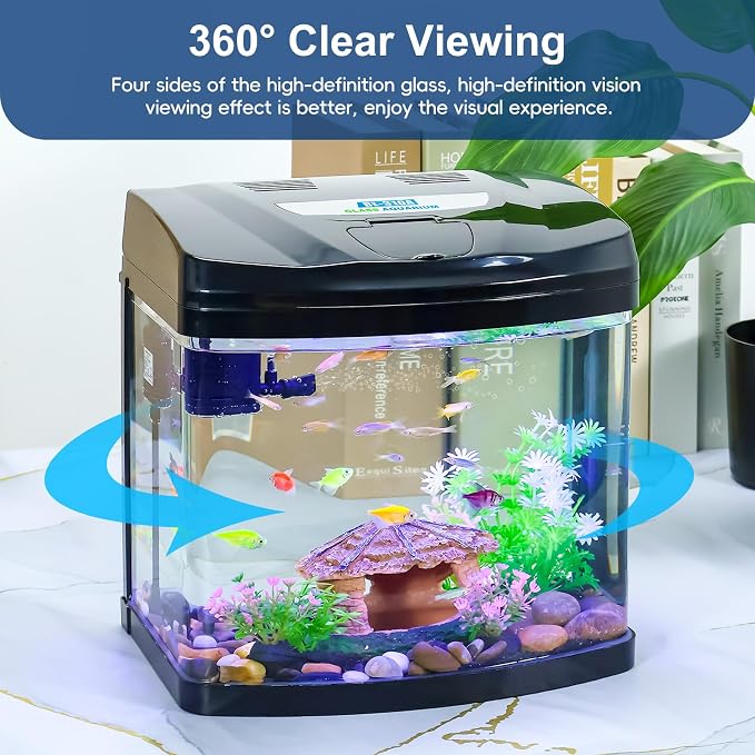 3 Gallon Glass Aquarium Betta Kit with Flip-Top Port | 3 Gal glass tank with flip-top port. Built-in air pump & LED light. 360° clear view, complete starter kit for betta tank