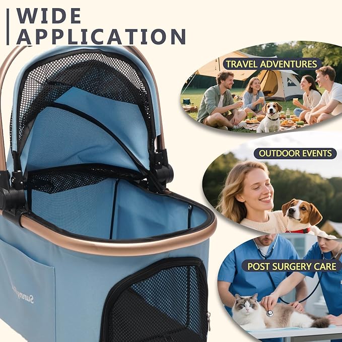 SUNNYFEEL Pet Stroller for Small Dogs and Cats, Aluminum Two-in-one Split, One-Click Foldable Dog Stroller with Detachable Carrier, Holds up to 40 lbs, Side Bag, Breathable Mesh, Blue