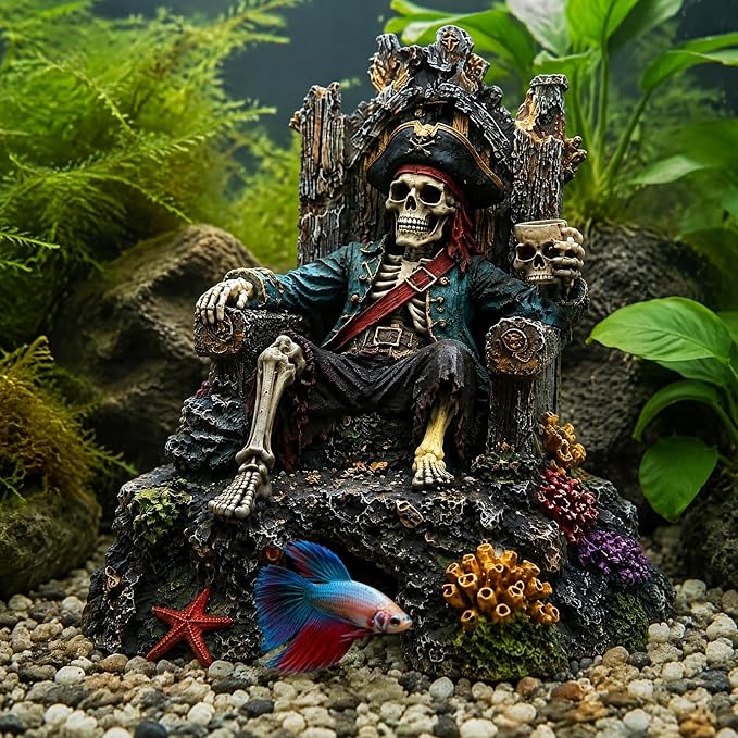 Pirate Skeleton Throne Aquarium Ornament Resin Fish Tank Hideout Cave for Small Fish Realistic Skull King Castle Decor 15cm Gothic Gothic Statues Freshwater Saltwater C