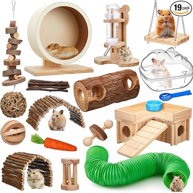 19 Pcs Hamster Cage Accessories & Habitat Set, Wooden Silent Exercise Wheel Wood Hide Out Tree Trunk Tunnel Tube Water Bottle Set Sand Bath Bowl Chew Toys for Dwarf Hamster Gerbil Mouse