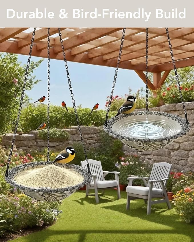2 Pack Hanging Bird Baths and Feeders for Outdoors, Plastic Bird Bath Bowl & Hanging Feeder for Garden Yard Decor,Mist Grey
