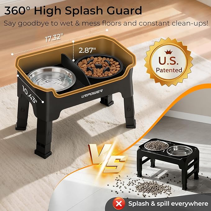 URPOWER Mess Proof Elevated Dog Bowls, High Wall Splash Guard Design, 4 Height Adjustable Raised Bowl Stand with Stainless Steel & Slow Feeder Bowl, Non-Slip Food Water Set for Small Medium Large Dogs