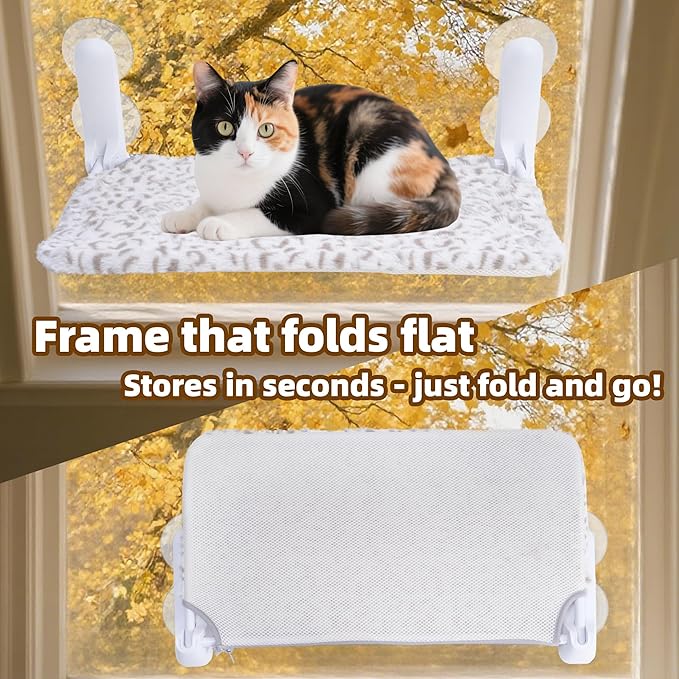 SMOUATOU Cat Window Perch, Cordless Foldable Cat Hammock Bed with 4 Suction Cups, Embeded Machine Washable Bed for Indoor Cats, Strong Metal Frame Holds 40lbs (Leopard Print)