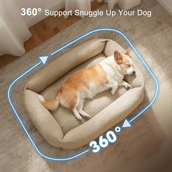 FURTIME Dog Bed Large Sized Dogs, Washable Comfy Fluffy Medium Dog Bed, Removable Zipper Cover Machine Wash, Soft Orthopedic Bed Durable Pet Cuddler with Anti-Slip Bottom, 36"x27"x8",Beige