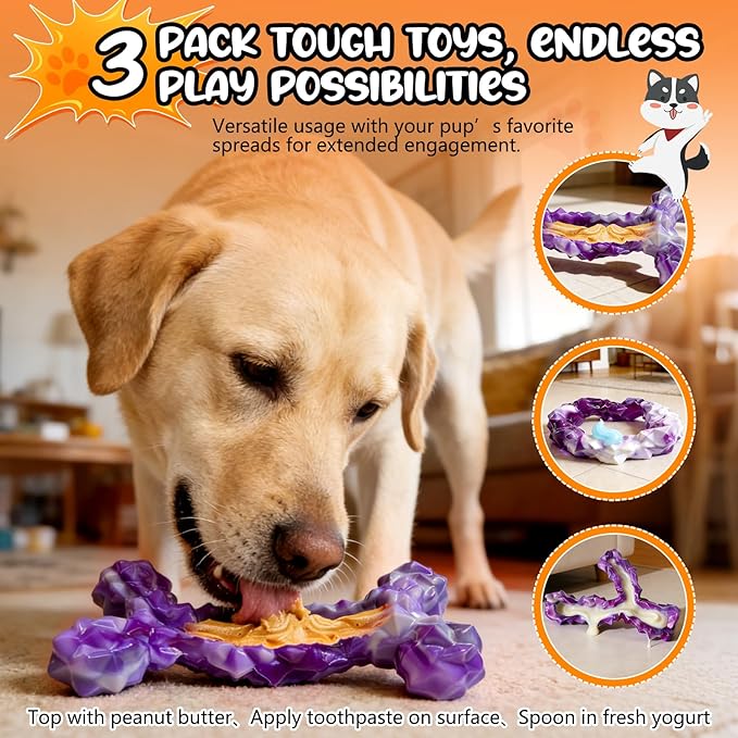 WOWBALA 3 Pack Dog Chew Toys for Aggressive Chewers,Indestructible Dog Toy for Medium Large Dogs, Chew Toys to Keep Dogs Busy,Super Chewer with Tough Nylon, Reduce Boredom & Anxiety（Bacon Flavored）