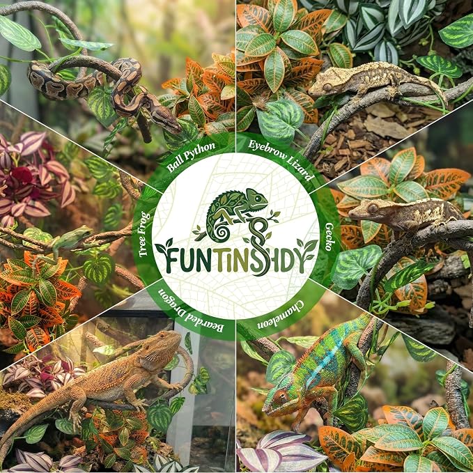 5 Pcs Reptile Plants & Habitat Decor Kit - 3 Artificial Hanging Plants & Large 3.3ft Jungle Vine Branch, Terrarium Tank Climbing Accessories for Crested Gecko, Bearded Dragon, Lizard, Snake, Chameleon