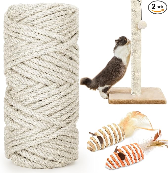 98FT/30M Cat Scratching Sisal Rope, 6mm 1/4 inch Thick Natural Jute Rope for Scratch Posts, Cat Trees, DIY Projects, Sisal Rope for Cat Scratcher with 2 Cat Mouse Toys (White, 98ft)
