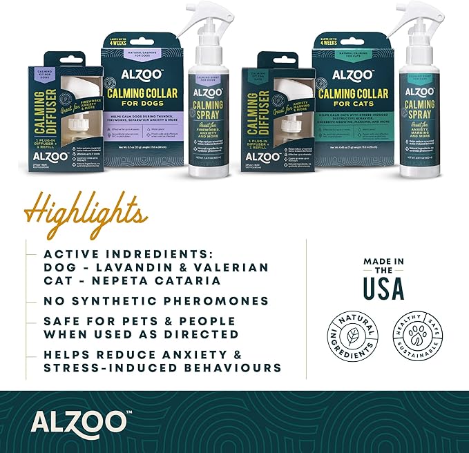 ALZOO Calming Collar for Cats, Helps Calm Pets During Thunder, Fireworks, Separation Anxiety & More, Effective Up to 4 Weeks, 100% Plant-Based Active Ingredients
