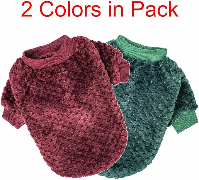 Dog Sweater, 2 Pack Dog Sweaters for Small Medium Dogs or Cat, Warm Soft Flannel Pet Clothes for Dogs Girl or Boy, Dog Shirt Coat Jacket (Small, Dark Red+Dark Green)