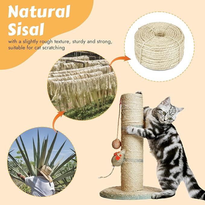 164 Feet Sisal Rope for Cat Scratching Post, 1/6 Inch Natural Cat Tree Rope, DIY Hemp Twine Rope for Repairing, Recovering Scratch Post Cats Tree Tower Replacement (Natural)