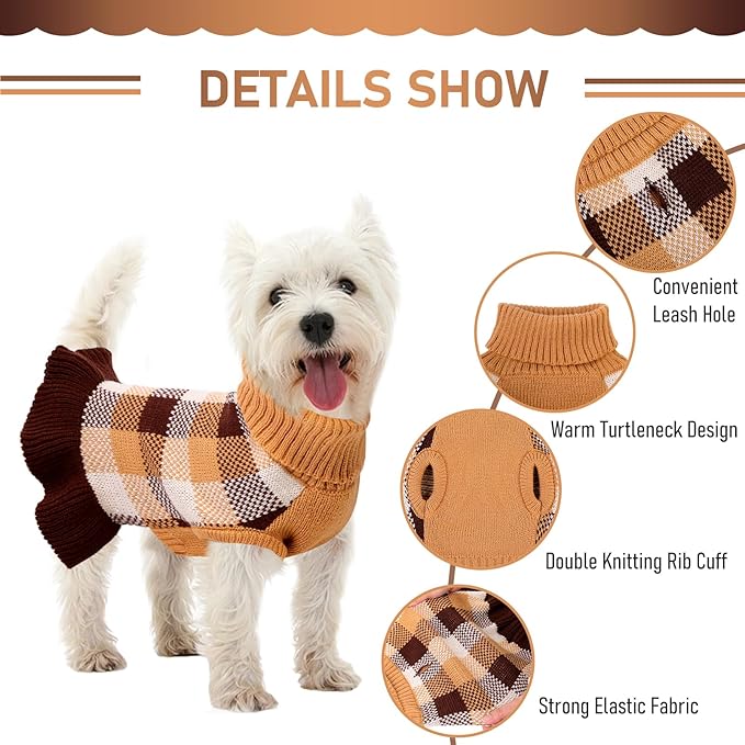 Dog Sweater Dress Plaid Knitwear for Small Medium Dogs Warm Puppy Pet Turtleneck Stretch Pullover Cute Fall Winter Vest Clothes with Leash Hole for Christmas (Coffee, 2XL)
