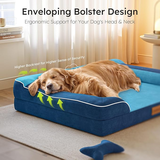 CWAWZ Dog Beds for Large Dogs, Orthopedic Dog Bed with Cooling Gel Memory Foam, Waterproof Large Pet Bed with Removable Washable Cover, 36" Pet Sofa Couch Dutch Velvet with Bone Toy, Navy Blue