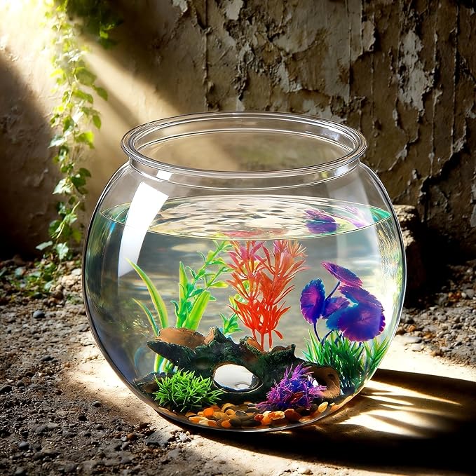 3 Gallon Plastic Betta Fish Bowl with 6 Pcs Artificial Plastic Plants and 500g Decorative Gravel, Betta Fish Tank and Decoration Accessories Small Large Bowl Ornaments Starter Kit