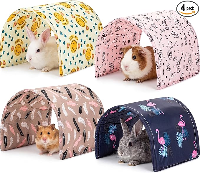 BreezeHug 4 Pcs Guinea Pig Tunnel Foldable Rabbit Hideout Washable and Soft Bunny Hide House Ferret Tunnel Toys Cage Accessories for Small Animal Hamster Hedgehogs Chinchilla (Cute Pattern)