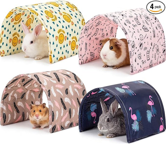 BreezeHug 4 Pcs Guinea Pig Tunnel Foldable Rabbit Hideout Washable and Soft Bunny Hide House Ferret Tunnel Toys Cage Accessories for Small Animal Hamster Hedgehogs Chinchilla (Cute Pattern)