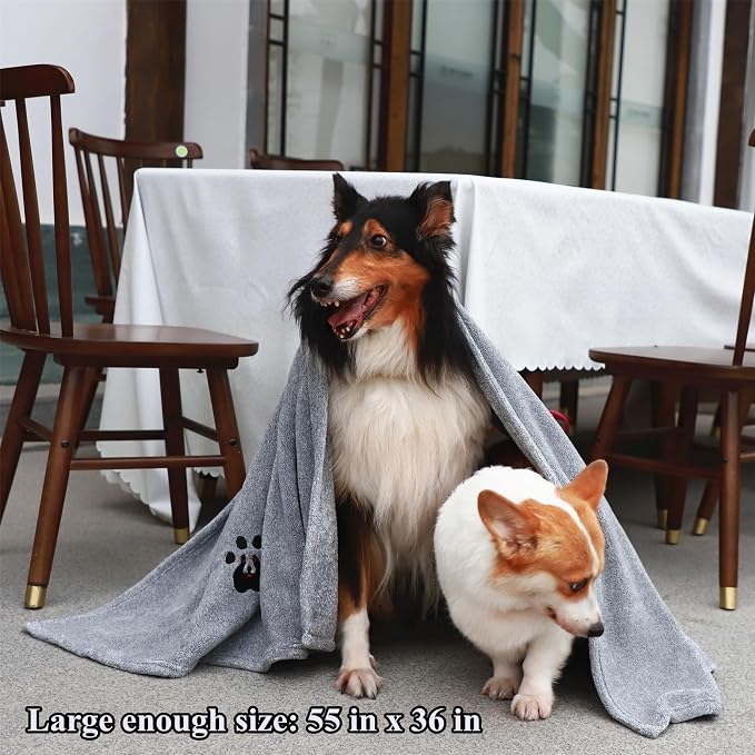 Dogvingpk Extra Large Dog Towel 2 Pack, Super Absorbent Soft Quick Drying Microfiber Pet Bath Towels for Large & Medium Dogs (XL-55" * 36", Grey and Black)