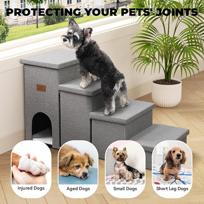 Zerbuger Dog Stairs 23" H, 4-Step Wider Dog Steps for High Beds Window, Folding Storage Pet Stairs Gift for Small/Medium/Large Old Dogs Cats, Ramp for Climbing Car Up to 200 lbs (Gray, with Condo)