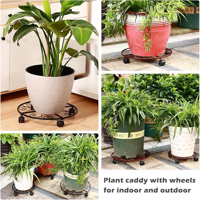 5 Pack Plant Caddy with Wheels Heavy Duty 12 Inches Metal Plant Stand on Wheels Plant dolly Rolling Plant Stand Plant Roller with Casters for Indoor and Outdoor with 5 Pack Plant Saucers, Black