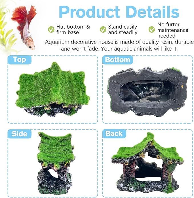 Hamiledyi Resin Hollow Hideout House for Aquarium Decoration Fish Tank Accessories Betta Cave with Lifelike Moss for Shrimp Fish Shelter