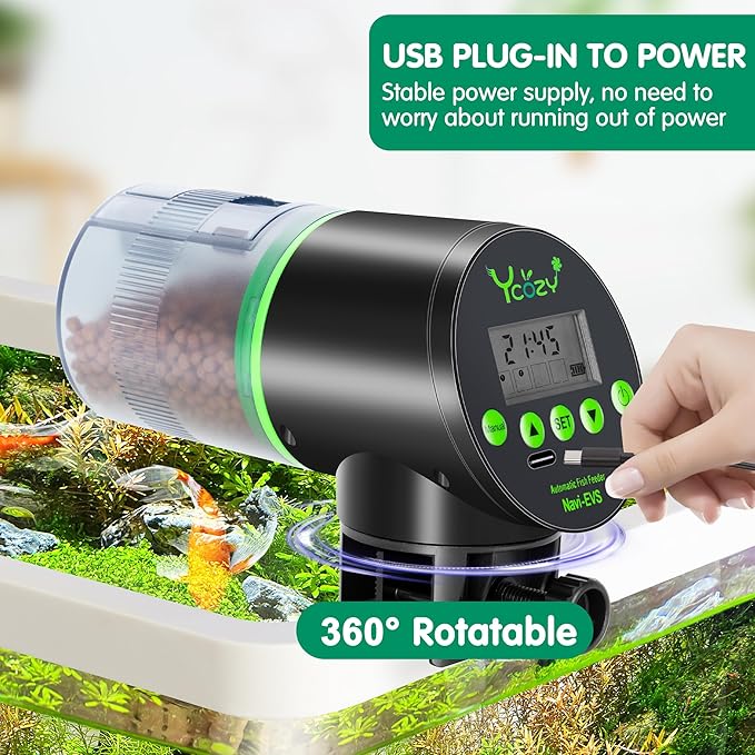 Ycozy Automatic Fish Feeder Rechargeable with USB Cable Moisture-Proof Intelligent Electric Fish/Turtle Feeder for Aquarium & Fish Tank (Plug Powered-EVS)