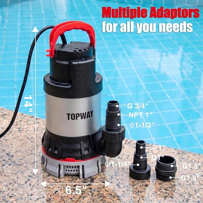 TOPWAY Submersible Water Pump, 1-1/4 HP 4600 GPH Stainless Steel Sump Pump with Filter Base, Electric Portable Water Pump with 16.4ft Cord for Swimming Pool, Hot Tub, Garden Pond, Basement Draining