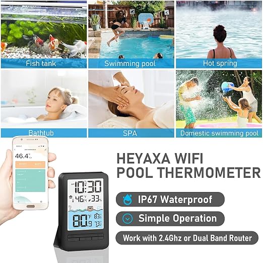 HEYAXA Wireless WiFi Pool Thermometer with 4-Inch Digital LCD Display, IPX8 Waterproof Floating Pool Thermometer, Real-Time Water Temperature Monitor for Swimming Pool, Spa, Hot Tub & Pond