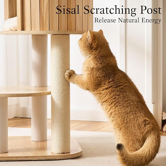 797Audio Wood Modern Cat Tree, 48" Cat Tower with Sisal Scratching Posts, Cat Condo, Capsule and Bed, Solid Wooden Aesthetic Multi-Level Cat Climbing Tree for Large Adult Indoor Maine Coon Cats-White