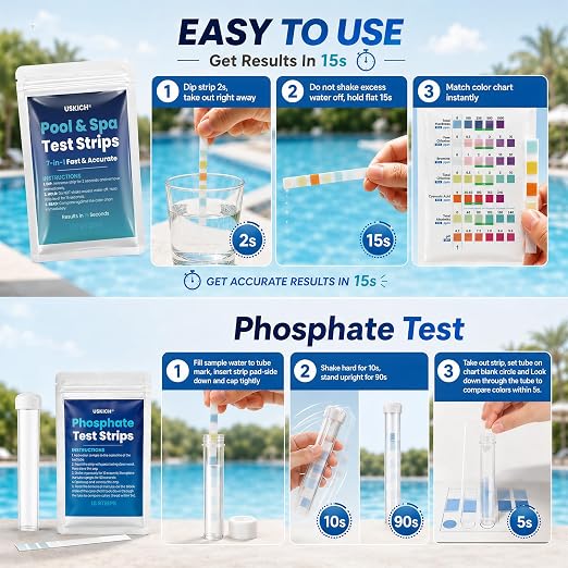 8-Way Hot Tub & Pool Test Strips, 150-Count 7-in-1 Pool Test Strips + 15-Count Phosphate Test Strips, Accurately Test pH, Chlorine, Bromine, Hardness, Total Alkalinity, Cyanuric Acid, Phosphate etc