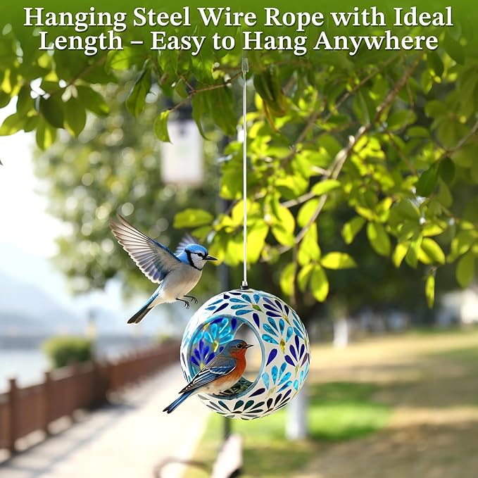 VOREEN Mosaic Glass Bird Feeder, Handcrafted Hanging Fly-Through Feeder for Outdoor Garden & Backyard, Decorative Wild Bird Feeder with Steel Wire Cable – Cool Blue Leaf Mosaic Style