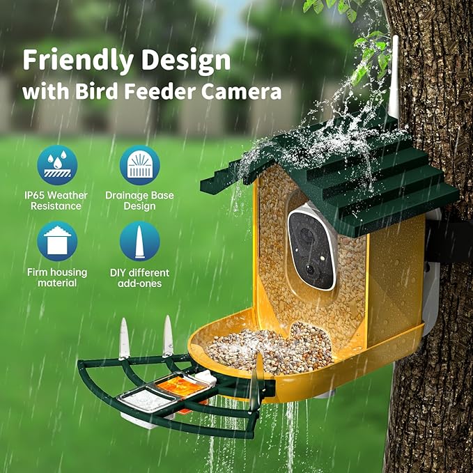 Smart Bird Feeder with Camera Solar Powered & AI Bi rd Identification, 2.4Ghz WiFi Bird feeders for Outdoors, 2K Live Video, Instant Arrival Alerts - Green-Yellow