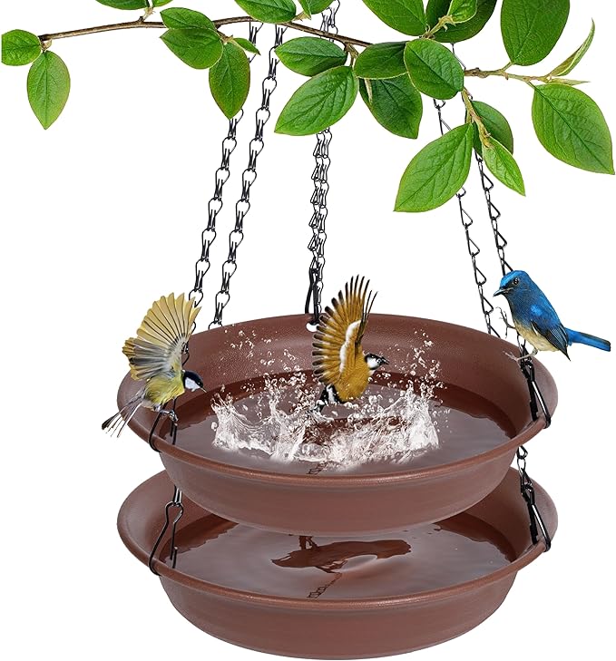 VUWEZ Hanging Bird Bath, Hanging Bird Water Feeder for Outdoors, Feeder Bowl, 2 Pack Birdbath Tray Accessories for Outside, Plastic Birdbaths Tray for Garden Patio Decoration (10", Chocolate)