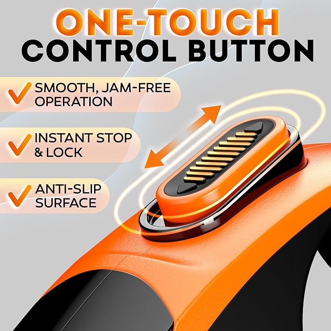 Retractable Dog Leash 18.2 ft – Chew Proof Cable Included – 360° Tangle-Free Design – Heavy Duty Reflective Leash – Soft Anti-Slip Grip Outdoor Daily for Small Medium Dogs up to 50 lbs (Orange)