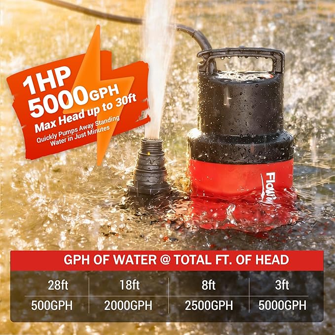 1HP 5000GPH Sump Pump - Clean/Dirty Water Portable Transfer Submersible Pump for Swimming Pool, Garden Pond, Basement with 10ft Power Cord,Remove Water Level Down to 0.2"