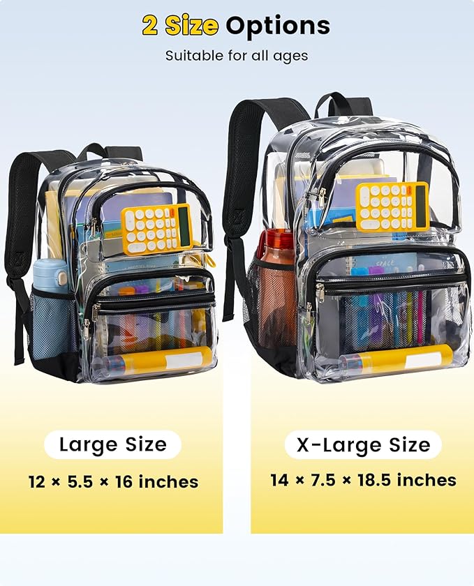 Vorspack Clear Backpack for School - Heavy Duty See Through Bookbag for Girls Boys Large Transparent Backpacks for Work, Travel - Black